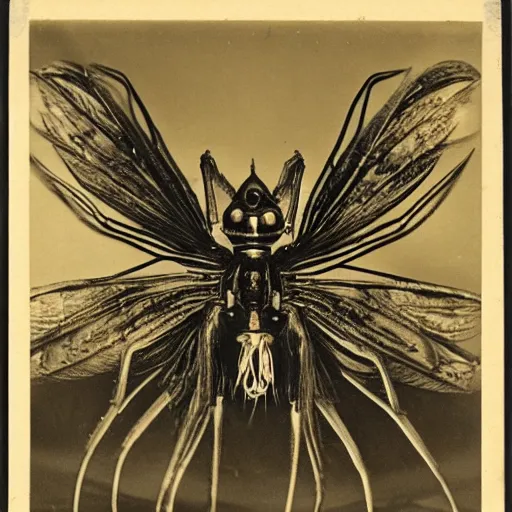 Prompt: winged spider monster with firelight body :: godly presence :: 1940 photograph