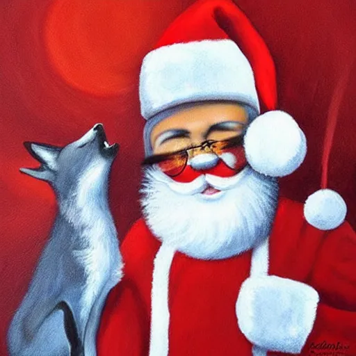 Image similar to fox animals who are wearing santa hats dancing on the moon, inspiring painting