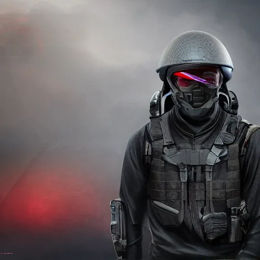 Prompt: futuristic insurgent wearing black helmet glossy visor, brown cloak, technical vest, and a backpack, photorealistic, digital art , red tint