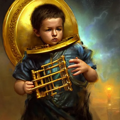 Image similar to stunning portrait of 3yo greek argonaut Orpheus playing the golden lyre, painting by Raymond Swanland, cyberpunk, sci-fi cybernetic implants hq