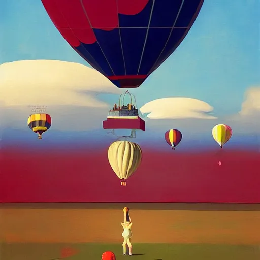 Prompt: Giant wooden balloons fly through the air, as a tornado approaches, by Takashi Murakami, Edward Hopper, Bo Bartlett, and Cynthia Sheppard, Artstation