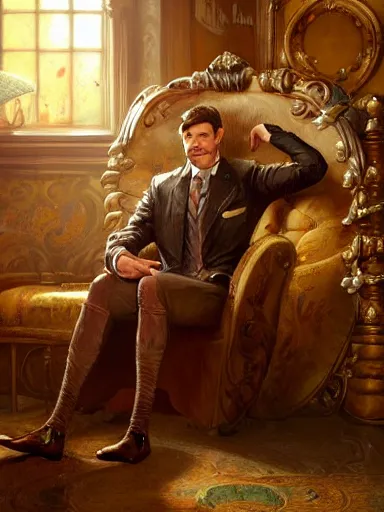 Prompt: a rich noble man smirking. proud crossed arms. siting in his chair intricate, elegant, highly detailed, digital painting, artstation, concept art, sharp focus, illustration, by justin gerard and artgerm, 8 k