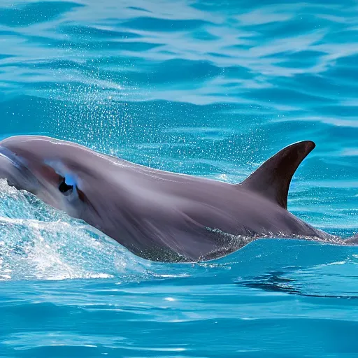 Image similar to Oprah Winfrey in the ocean swimming with dolphins, 8k UHD, hyper realistic, nature photography