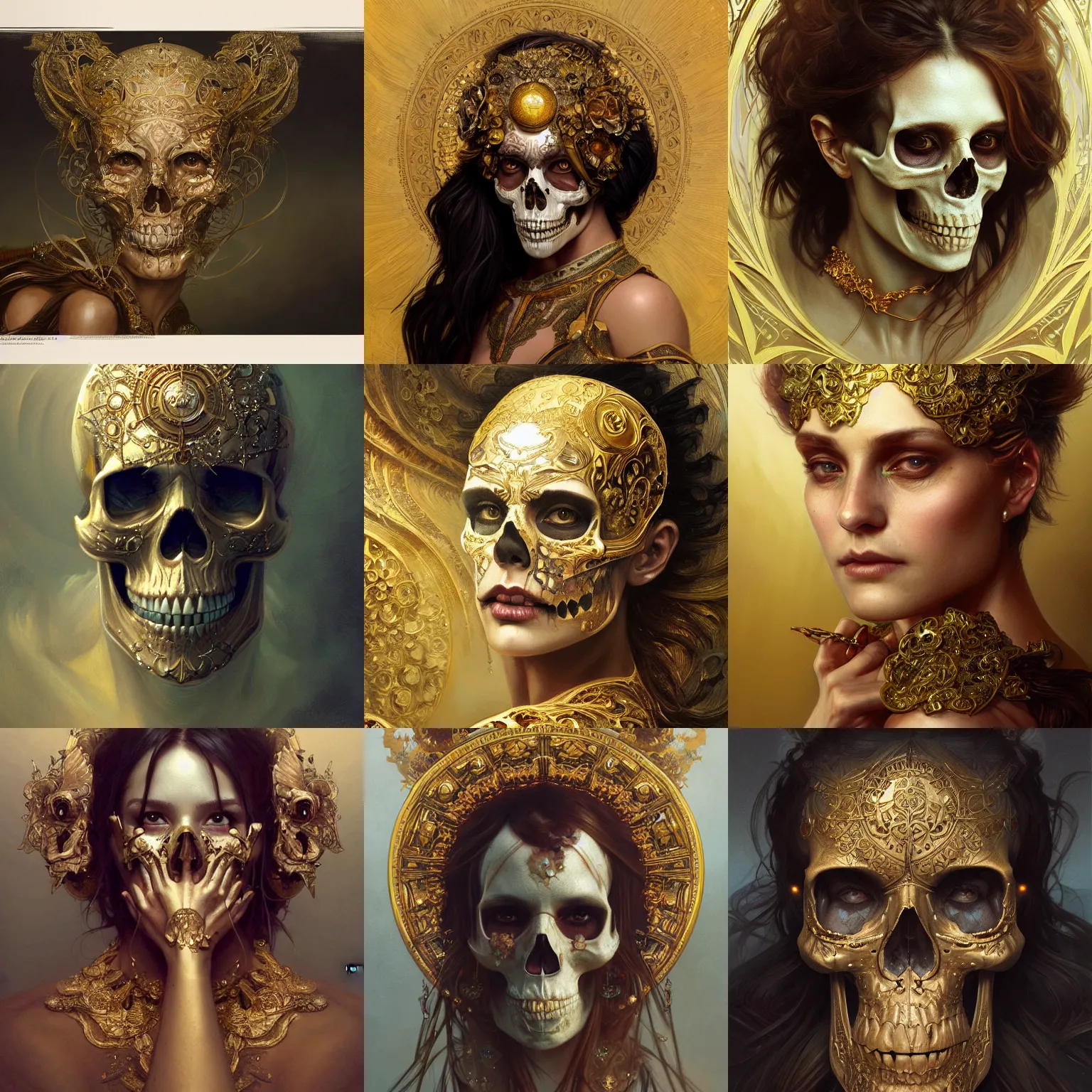 Prompt: Hyperrealistic portrait of skull gold, fantasy, intricate, elegant, highly detailed, digital painting, artstation, concept art, sharp focus, illustration, art by Greg rutkowski and alphonse mucha