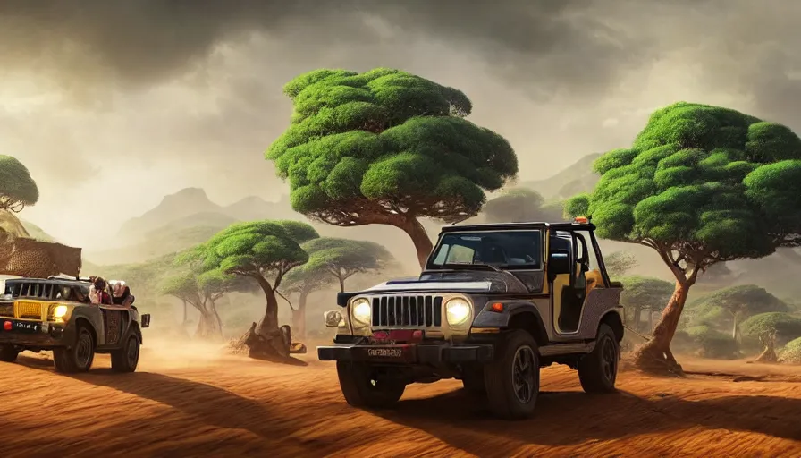 Image similar to mahindra thar driving through madagascar road with baobabs trees, animals running along, action scene, an epic fantasy, wide shot, artgerm, trending on artstation, masterpiece, by greg rutkowski, by ross tran, by fenghua zhong, octane, soft render, ultrarealistic, colorful, cinematic, shadow of the tomb rider