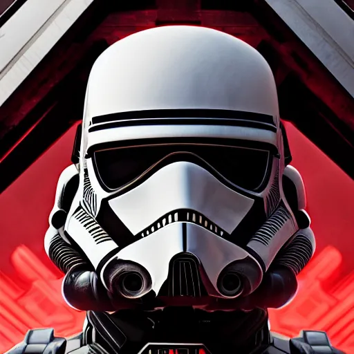 Image similar to super soldier, symmetrical portrait scifi, power armor storm trooper red and black detailed matte painting hyperdetailed trending on artstation moebius photorealism retrofuturism # film 8 k resolution back lit