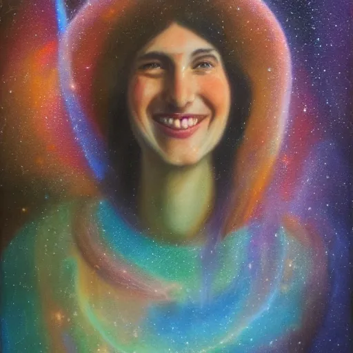 Image similar to hypatia dissolving into a nebula, smiling, oil painting