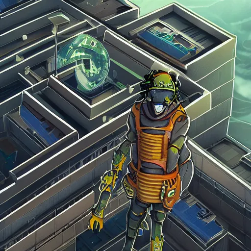 Image similar to a lunarpunk ninja on the roof of a building overhead view, digital art, trending on artstation, behance, deviantart