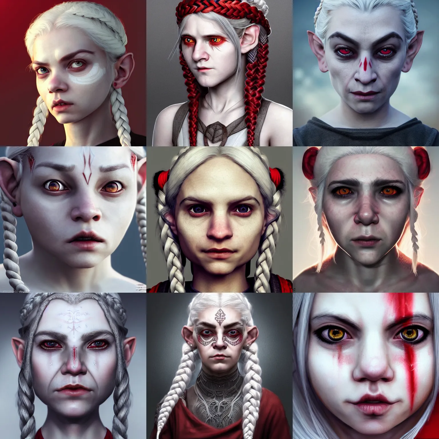 Prompt: realistic portrait of a young female halfling with white hair and a grey monks habit, strange geometric facial tattoos!!!!!!!!!, pale - white skin, red iris, long braided hair, haunted expression, artstation, cinematic lighting, hyper - detailed 8 k