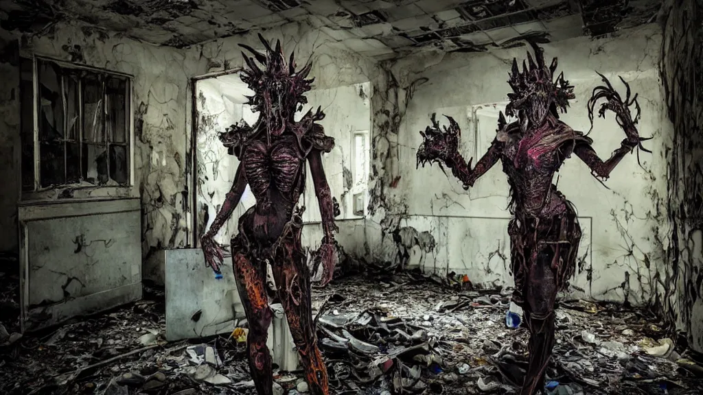 Prompt: a photograph of a beautiful woman wearing plastic armor and a decomposing thanatosdrakon in an old dilapidated mental hospital, scary, vibrant colors, dark, hyper - detailed