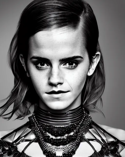 Prompt: emma watson wearing a futuristic metal kimono, half body portrait, greg kutkowski, sharp details, subsurface scattering, pearls of sweat, glistening skin, warm lighting