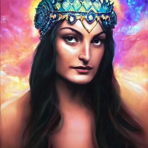 Image similar to a young Mädchen Amick as Goddesses of gems looking at you intensely with seductively serious eyes while wearing a head covering. ultra detailed painting at 16K resolution and epic visuals. epically surreally beautiful image. amazing effect, image looks crazily crisp as far as it's visual fidelity goes, absolutely outstanding. vivid clarity. ultra. iridescent. mind-breaking. mega-beautiful pencil shadowing. beautiful face. Ultra High Definition.
