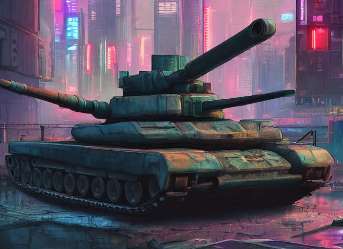 Prompt: A tank in a cyberpunk city, detailed, warm colours