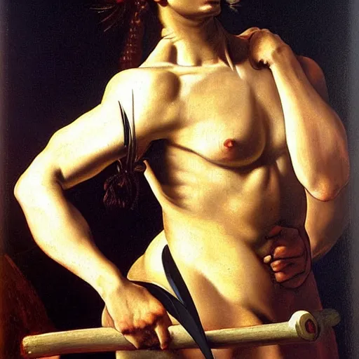 Image similar to full body painting of a muscular female greek warrior, by caravaggio