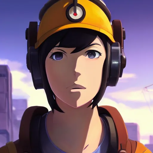 Image similar to beautiful makoto shinkai anime style digital painting portrait of engineer woman from team fortress 2 by valve, 4 k, 8 k, hd, high resolution, highly detailed, intricate detail, ultra realistic faces, digital art, trending on artstation, team fortress 2, your name, weathering with you