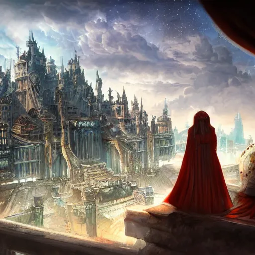 Image similar to concept art of an empress watching a fantasy city being built, highly detailed, digital art, illustration, artstation, very detailed, 4 k