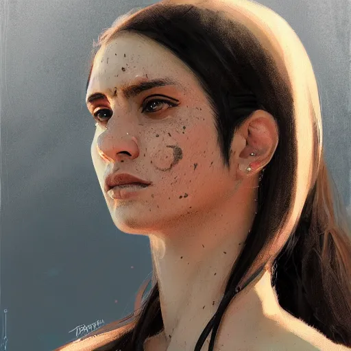 Image similar to Portrait of a woman by Greg Rutkowski, she is about 30 years old, middle eastern features, freckles, black straight hair, attractive, annoying sister vibes, she is wearing blue utilitarian jumpsuit, highly detailed portrait, digital painting, artstation, concept art, smooth, sharp foccus ilustration, Artstation HQ.