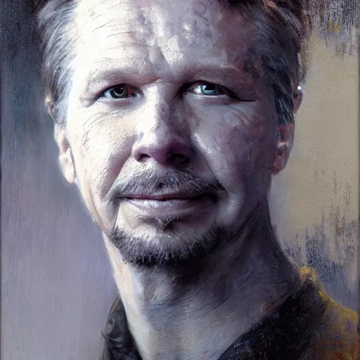Image similar to Gary Oldman with an shredded, toned, inverted triangle body type, painting by Gaston Bussiere, Craig Mullins, XF IQ4, 150MP, 50mm, F1.4, ISO 200, 1/160s, natural light