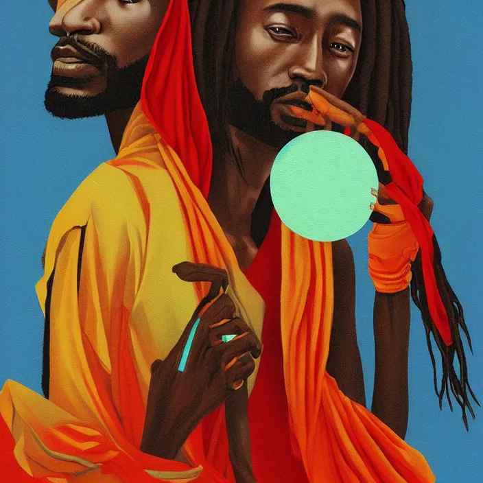 Image similar to an African Jesus and a UFO, colourful portrait painting by Hsiao-Ron Cheng,