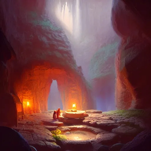 Image similar to cozy, hotspring hidden in a cave, candlelight, towels, cushions, plates of fruit, no people natural light, lush plants and flowers, elegant, smooth cave rock, fantasy, atmospheric lighting, digital painting, Greg Rutkowski concept art