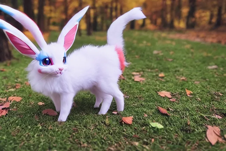 Image similar to real life sylveon pokemon, cute!!!, heroic!!!, adorable!!!, playful!!!, fluffly!!!, happy!!!, cheeky!!!, mischievous!!!, ultra realistic!!!, autumn, clear weather, golden hour, sharp focus