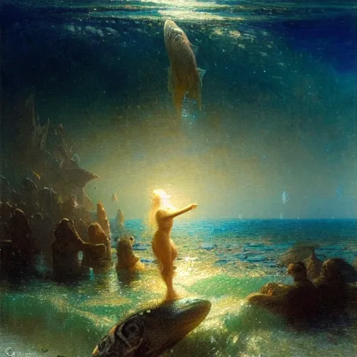 Image similar to point of view of deep in the ocean looking up, you see fishes, higher the milk way, night time, midnight. highly detailed painting by gaston bussiere, greg rutkowski 8 k