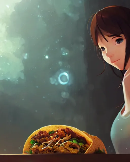 Prompt: a girl eating a huge taco, full shot, atmospheric lighting, detailed face, by makoto shinkai, stanley artgerm lau, wlop, rossdraws