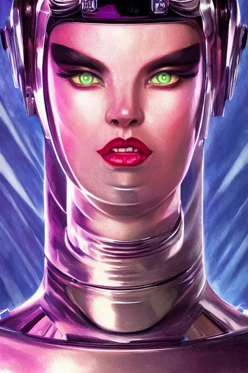 Prompt: retro-futuristic portrait of a beautiful but damaged female android in dusty chrome armour, ornate background, light from below, ornate pattern, glowing eyes, evil expression, high details, intricate details, renaissance style, painting by vincent di fate, artgerm julie bell beeple, 80s, Smooth gradients, High contrast, depth of field, very coherent symmetrical artwork