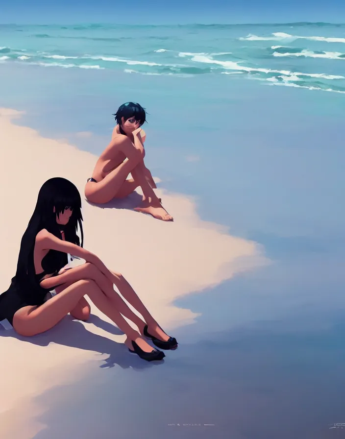 Image similar to a woman sitting on the beach, black bikini, matte, art by ilya kuvshinov and kyoto animation and ruan jia and ross tran, studio quality, aniplex,