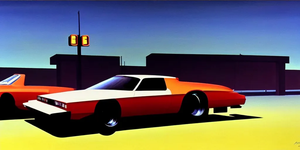 Image similar to art style by Ben Aronson and Edward Hopper and Syd Mead, wide shot view of Need for Speed, on ground level. full view of the hybrid design any two cars from 1980's, with wide body kit modification and dark pearlescent holographic paint.