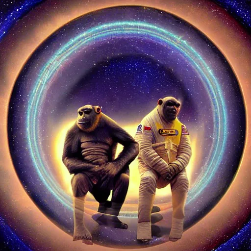 Prompt: double exposure portrait of astronaut and a chimpanzee astronaut with space and time in the the background by davinci, circles, psychedelic, pencil art, fibonaci sequence, dynamic lighting stars, sharpness, golden ratio