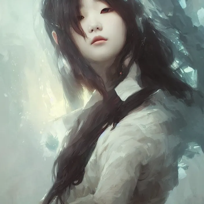 Image similar to IU, Korean Idol, Korean Artist, very detailed, digital art, concept art, studio quality, ethereal, art style by Greg Rutkowski