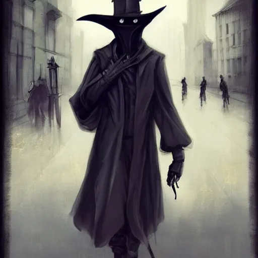 Prompt: plague doctor walking the streets of london by charlie bowater, dark tones