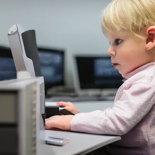 Image similar to a blonde toddler child infant baby girl working CAD computer drafting, civil engineer, sitting at a desk