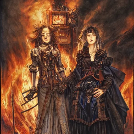 Image similar to a man and a woman standing next to each other in front of fire, an album cover by ayami kojima, cgsociety, international gothic, steampunk, fantasy, gothic