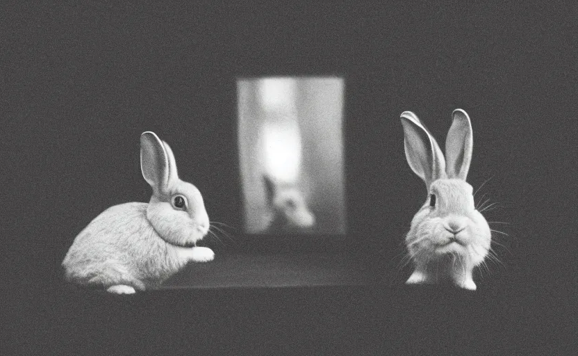 Prompt: rabbit looking in the gothic mirror by albrecht durer, white flower, black box, magic, forest, nostalgia, analogue photo quality, blur, unfocus, monochrome, 35mm, dors