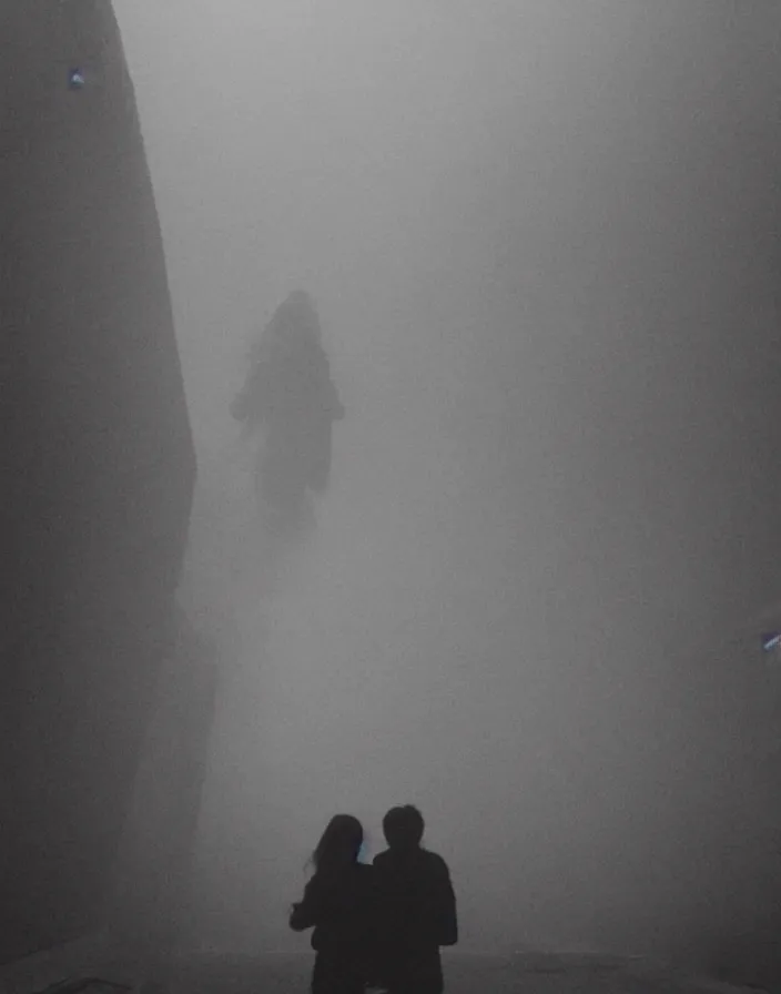 Image similar to very low - resolution found footage of a couple escaping in the city from a starfish kaiju monster, fog, foggy, korean film noir, monochrome, red hue, thriller, underdeveloped, epic, dramatic