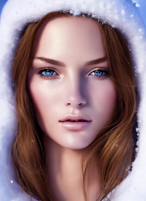 Prompt: a gorgeous female photo, professionally retouched, soft lighting, realistic, smooth face, full body shot, torso, dress, perfect eyes, wide angle, sharp focus on eyes, 8 k high definition, insanely detailed, intricate, elegant, art by marc hill and artgerm and johannes wessermark, snowy winter