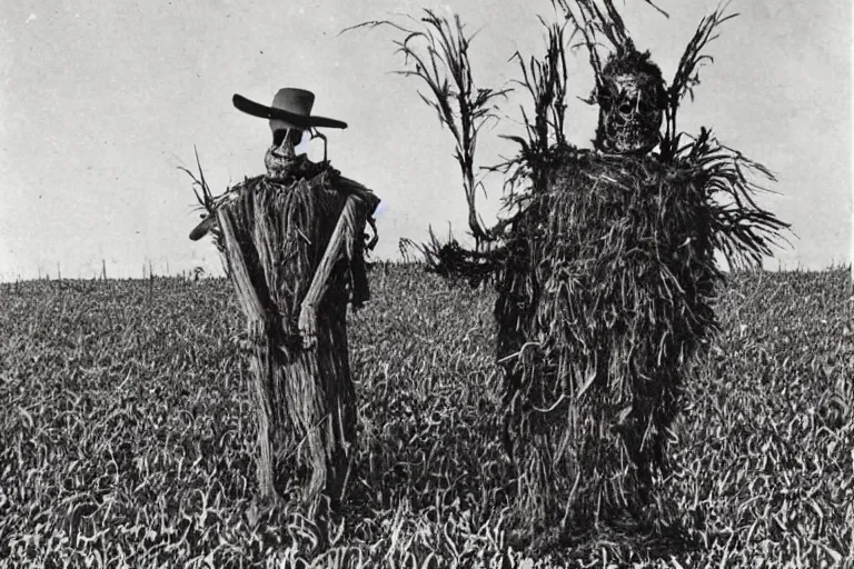 Prompt: disturbing scarecrow from the early 1 9 0 0's in a trancelike state in the burning cornfields