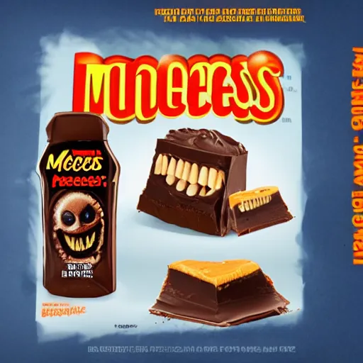 Prompt: reese's peanut butter chocolate monster, commercial advertisement for reese's monster, chocolate, peanut butter