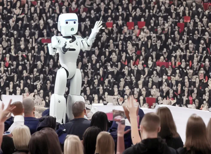 Image similar to dystopian humanoid robot dictator giving a propaganda speech to human like large flags with robot heads on them