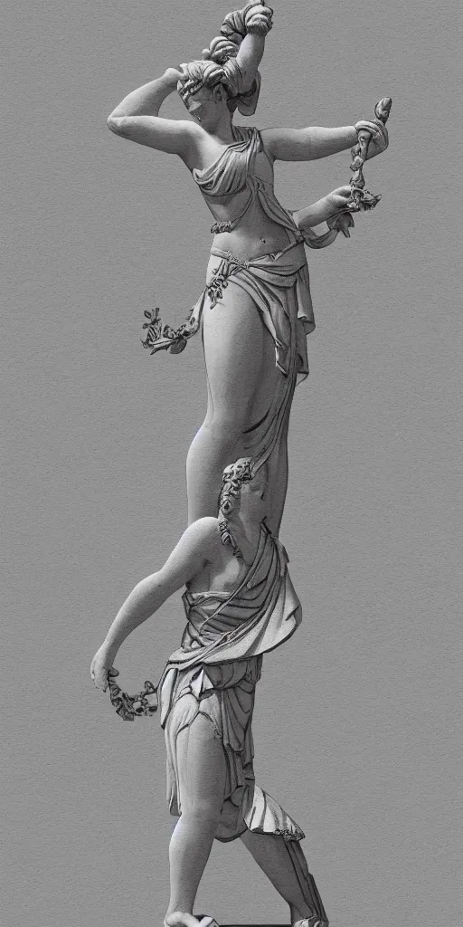 Prompt: a statue of a greek goddess dancing next to a temple in a standing pose with arms by her body, digital art, trending on artstation, cel - shading