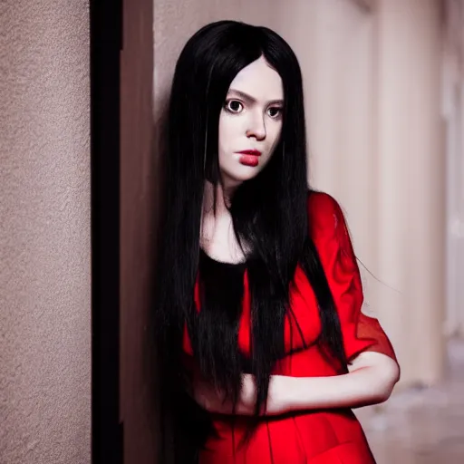 Prompt: portrait of a woman with long black hair and red eyes standing in a dark hallway, wearing a red dress, 8k, photography, professional, detailed face, beautiful, cinematic lighting, film, high quality, depth of field, dark colors,