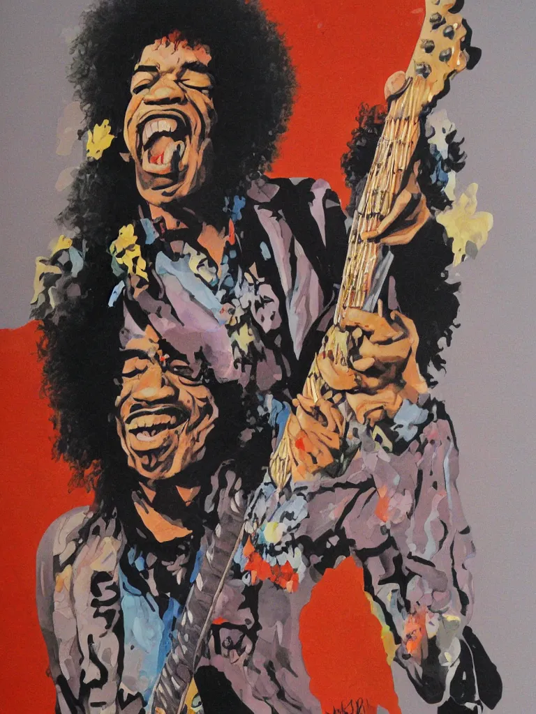 Prompt: a hilarious caricature painting of Jimi Hendrix by Sebastian Kluger