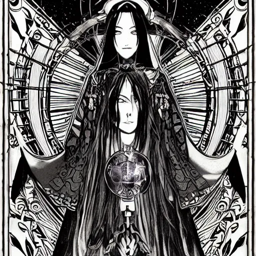 Prompt: precisely drawn illustration of anime spooky high priestess of an earth goddess, old-fashioned tarot card, victorian playing card, sepia tone, wide angle, sharp, fine details, anime, manga, cyberpunk, intense line art, 8k, precise linework, realistic, shaded lighting by katsuhiro otomo ghost-in-the-shell, magali villeneuve, artgerm, rutkowski Jeremy Lipkin and Giuseppe Dangelico Pino and Michael Garmash and Rob Rey