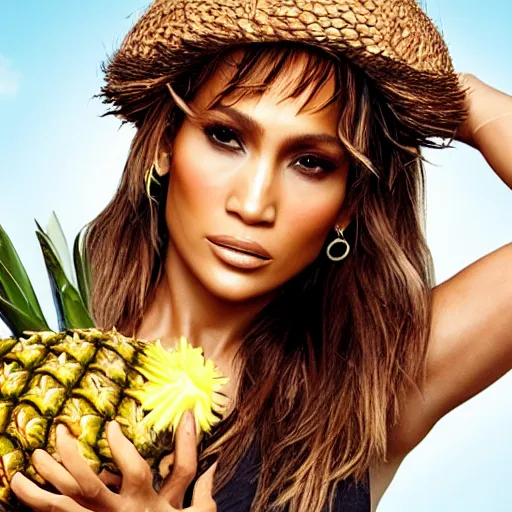 Prompt: j - lo, with two coconuts and a pineapple as a hat, professional photography, photoshop