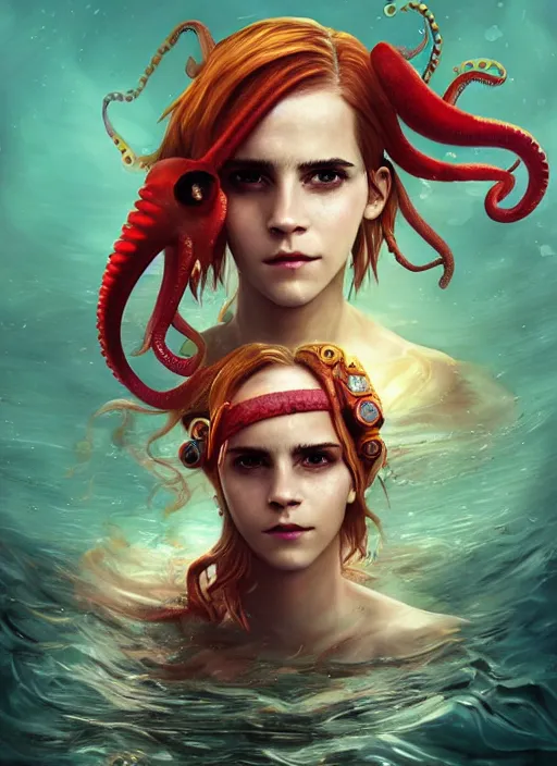 Image similar to underwater pirate portrait of emma watson, red hair, octopus, parrot, hyper detailed, digital art, cinematic lighting, studio quality, smooth render, unreal engine 5, octane rendered, art style by klimt and nixeu and ian sprigger and wlop and krenz cushart.