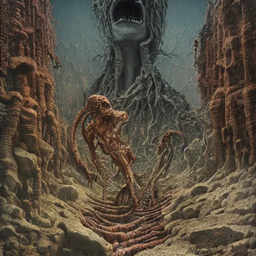 Prompt: an epic horrifying fantastic hyperdetailed 3 d matte painting photo taken with nikon d 7 5 0 an of a decaying eldritch creature partially covered with grafitti art by moebius by zdzisław beksinski by jakub rozalski by nekro