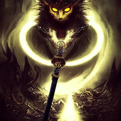 Prompt: a stunning illustration of a noble and fierce fantasy warrior, with glowing eyes, smoke out of eyes, with sword held high, intricate, highly detailed, concept art, smooth, sharp focus, atmospheric, cinematic