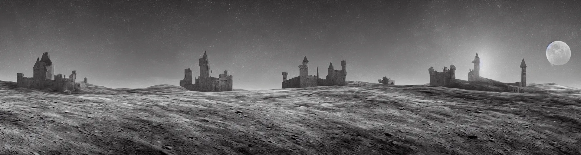 Prompt: landscape of the lunar surface with a spooky medieval castle tower on the far left, digital art